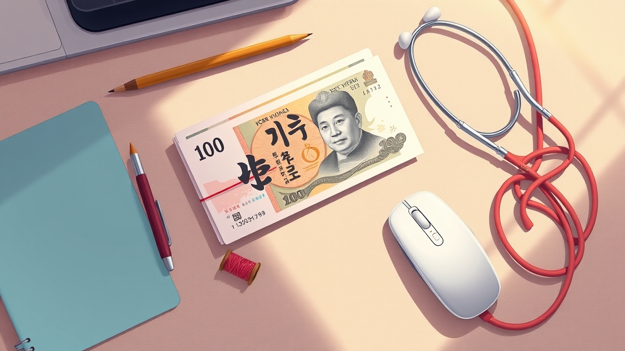 A Korean doljabi table laid out with a brush, cash, thread, a stethoscope and a computer mouse for a baby's first-birthday fortune game