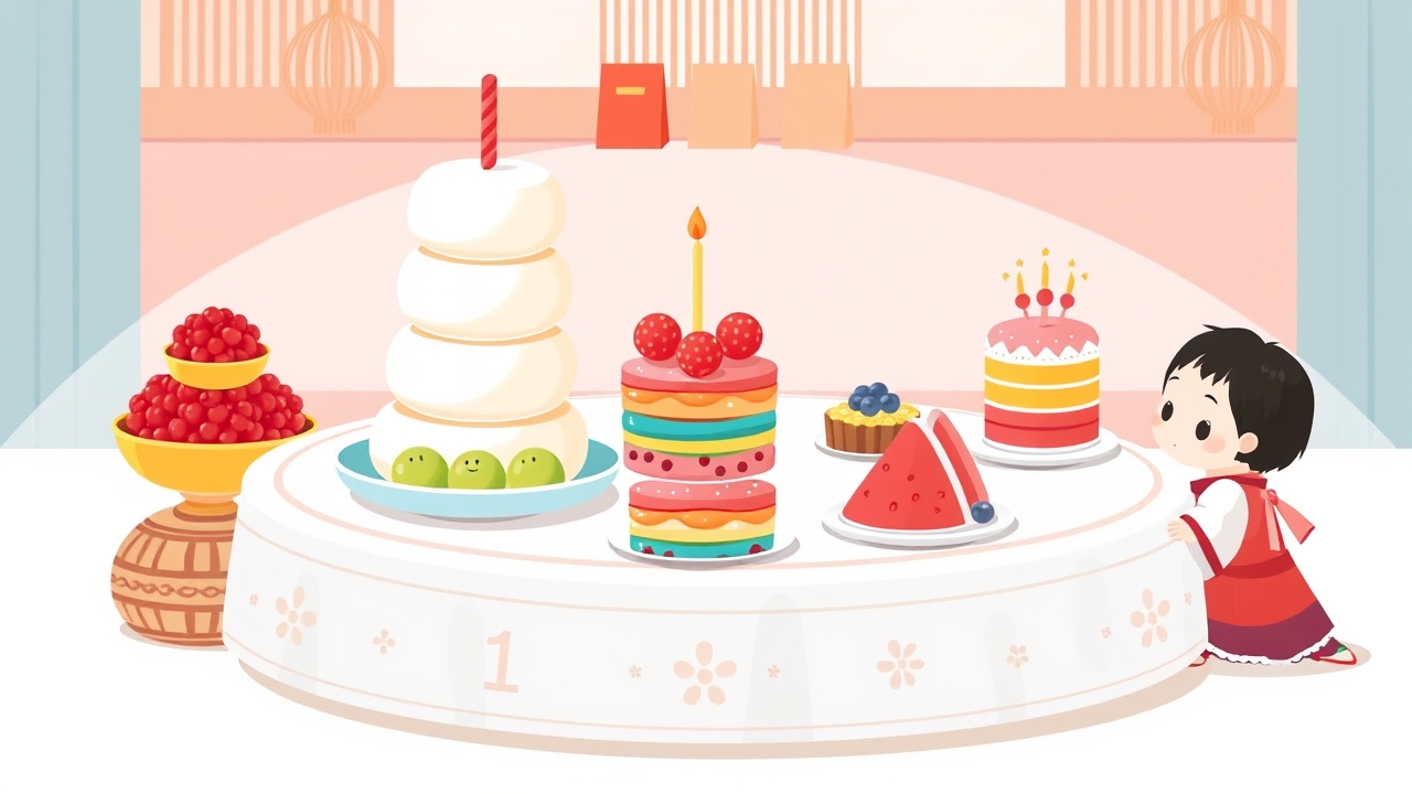 A round Korean dolsang table with a tall white baekseolgi rice cake, red-bean cakes and stacked fruit for a first birthday