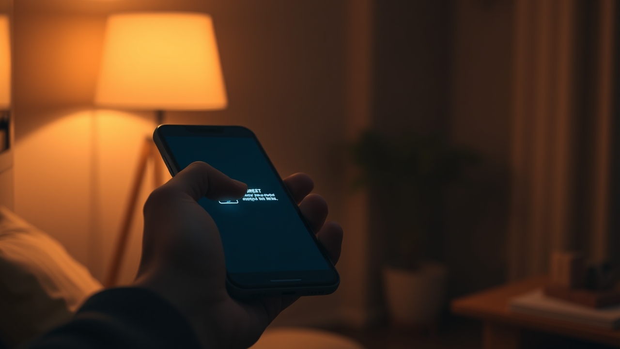 Hand holding a smartphone in a dim room at night, its screen lit up with an emergency alert notification