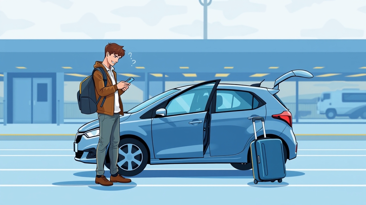 A traveler stands beside a car at an airport rental-car pickup area, looking puzzled at a smartphone that won't give driving directions.