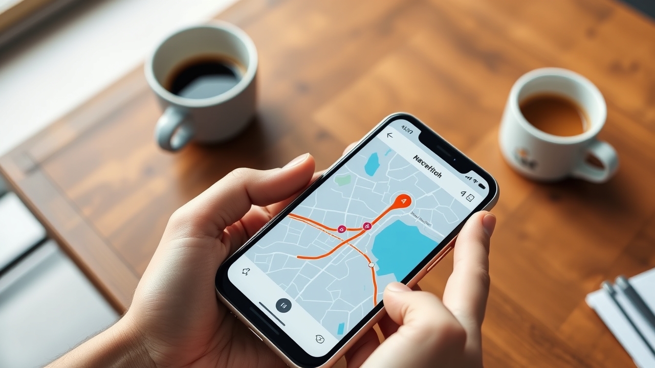 A hand holds a smartphone on a cafe table showing a map navigation app with a highlighted driving route through a city, illustrating the Korean map apps foreigners should install instead of Google Maps.