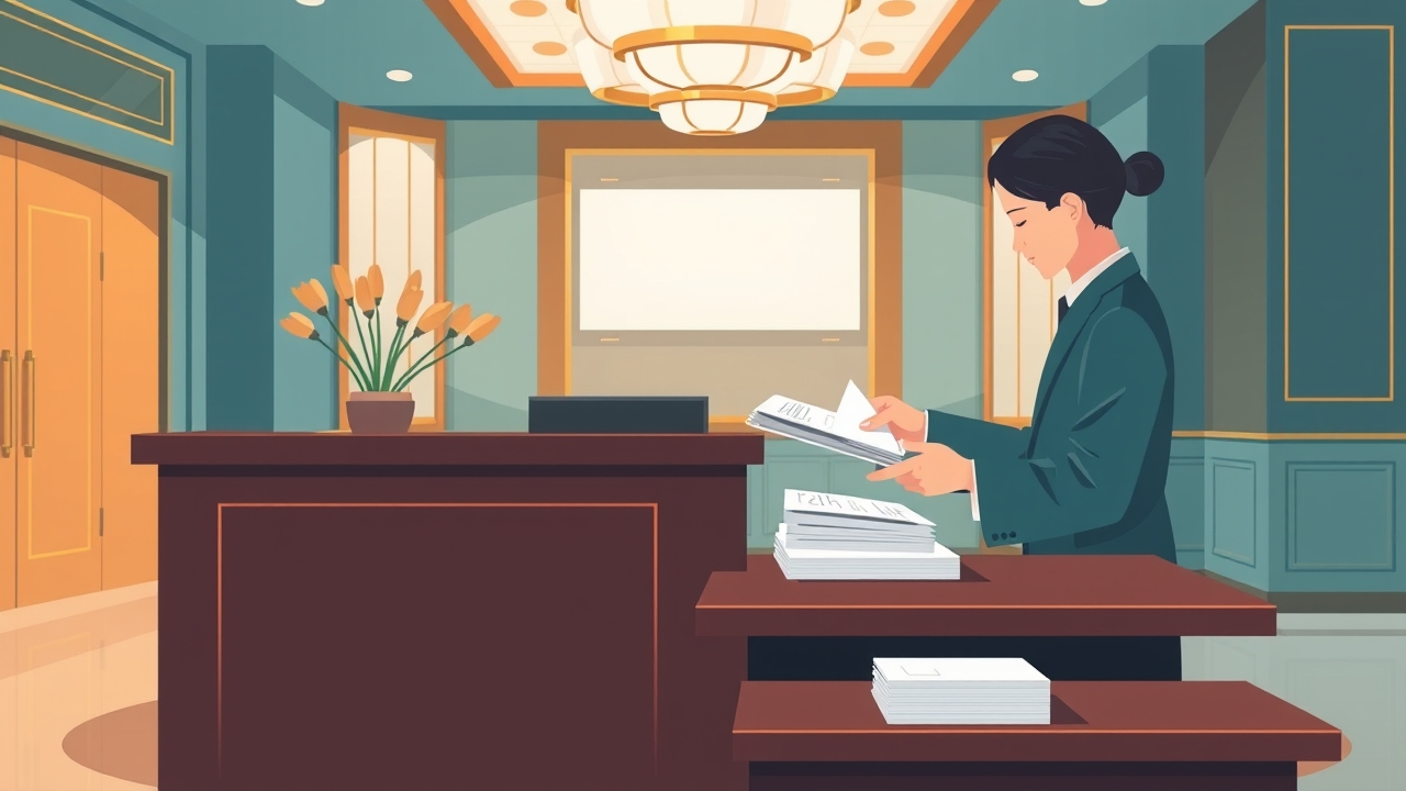 A guest handing a plain white cash-gift envelope to the reception desk at a Korean wedding hall, where a staffer records the name and amount in a ledger.