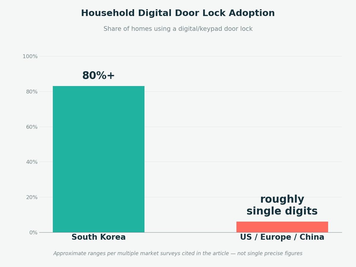 Bar chart comparing digital door lock adoption in South Korea (over 80 percent) versus the US, Europe, and China (roughly single digits)