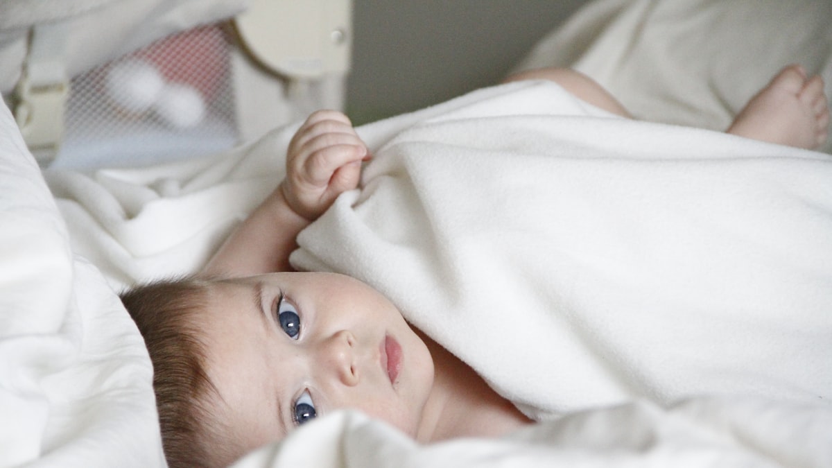 A newborn lies swaddled in soft white blankets in a bassinet under gentle light, with a second baby resting nearby, evoking a Korean joriwon's 24-hour newborn nursery.