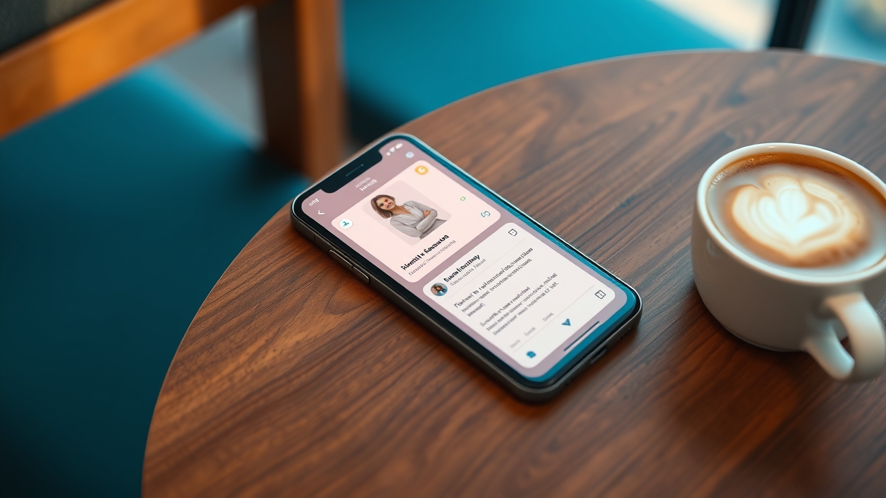 A smartphone resting on a wooden cafe table showing a messaging-app profile card with a highlighted status line, a latte beside it — the way many Koreans display their four MBTI letters as a chat status.
