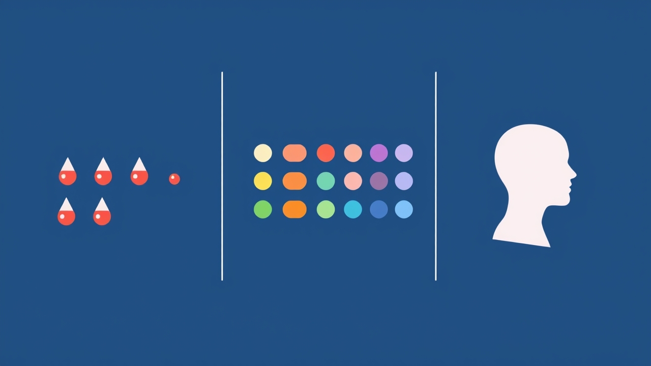 A minimalist three-panel flat illustration of Korea's evolving personality-sorting habit, left to right: blood-type drops, a grid of colorful personality types, and a human silhouette.
