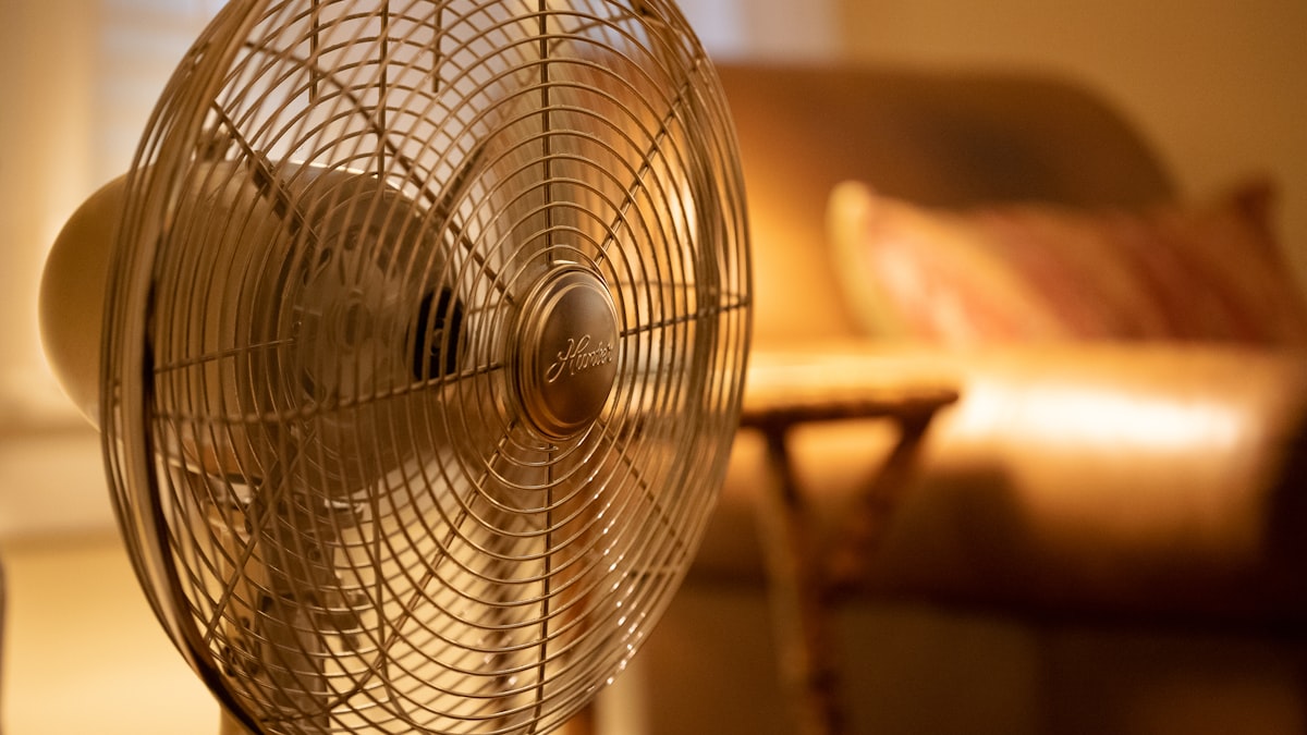 A vintage-style electric stand fan running close-up in a warm, softly lamp-lit living room