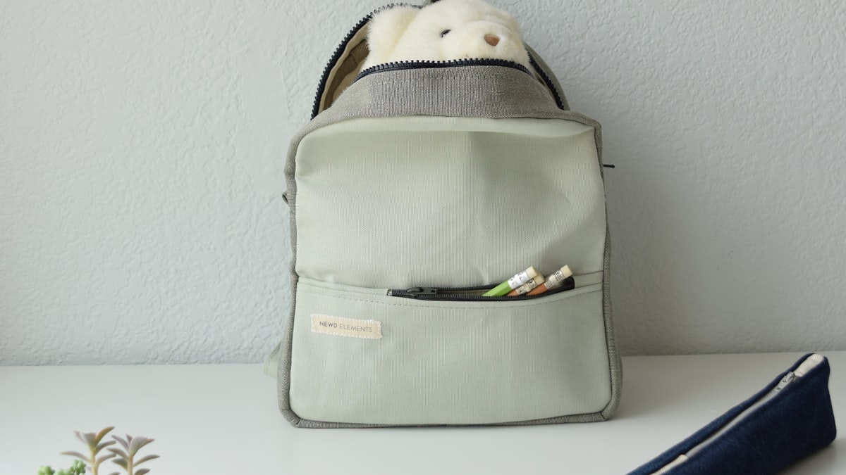 A small kid's backpack with a plush toy, pencils, and potted succulents arranged on a table