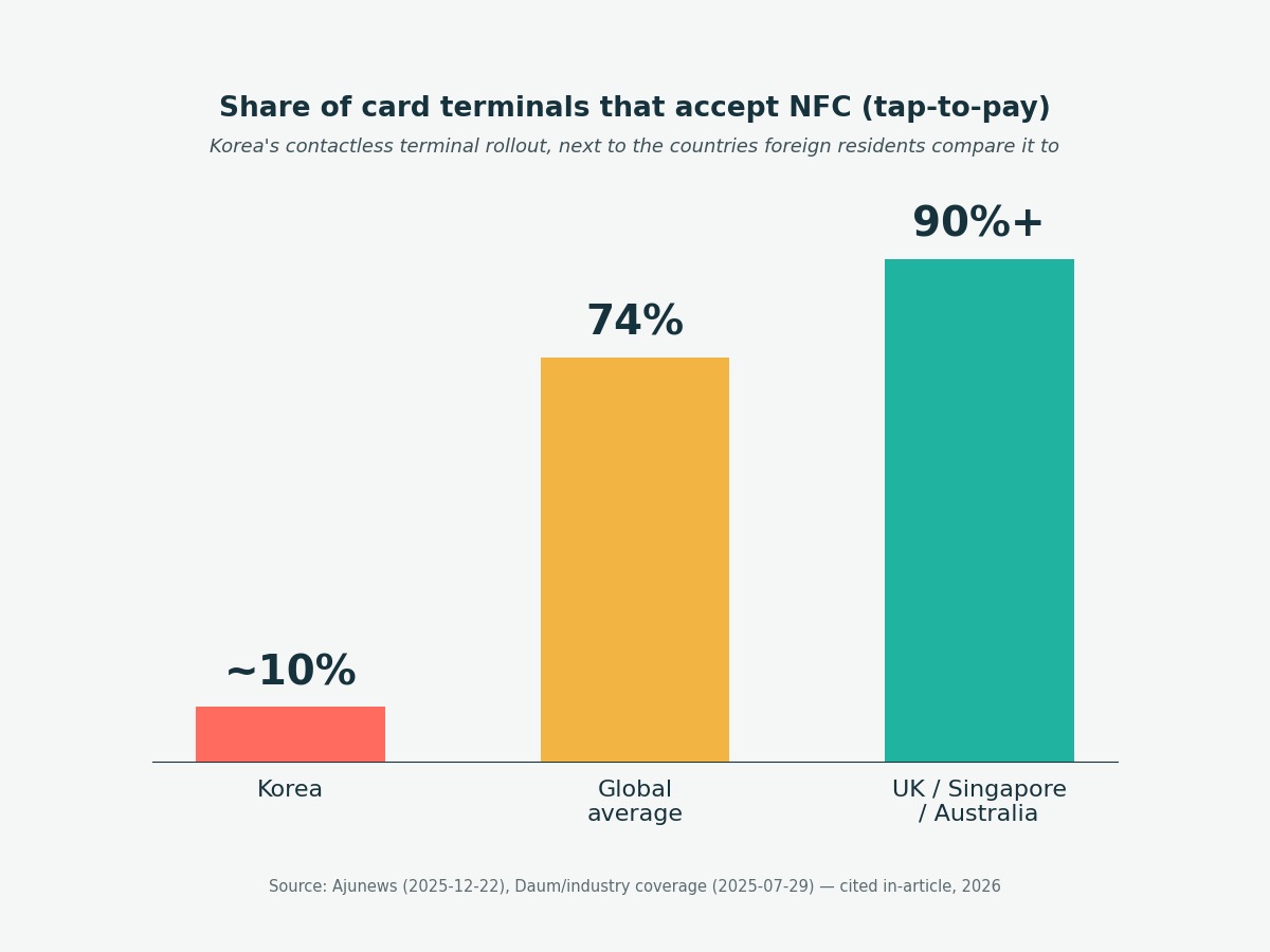 Bar chart comparing NFC contactless card-terminal adoption rates: Korea about 10%, the global average 74%, and the UK, Singapore, and Australia over 90%