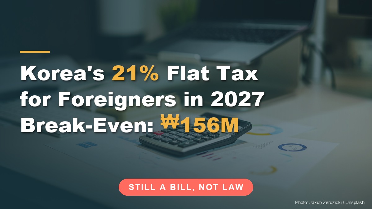A calculator resting on printed charts on an office desk with a laptop behind it, under the title "Korea's 21% Flat Tax for Foreigners in 2027, Break-Even: ₩156M"