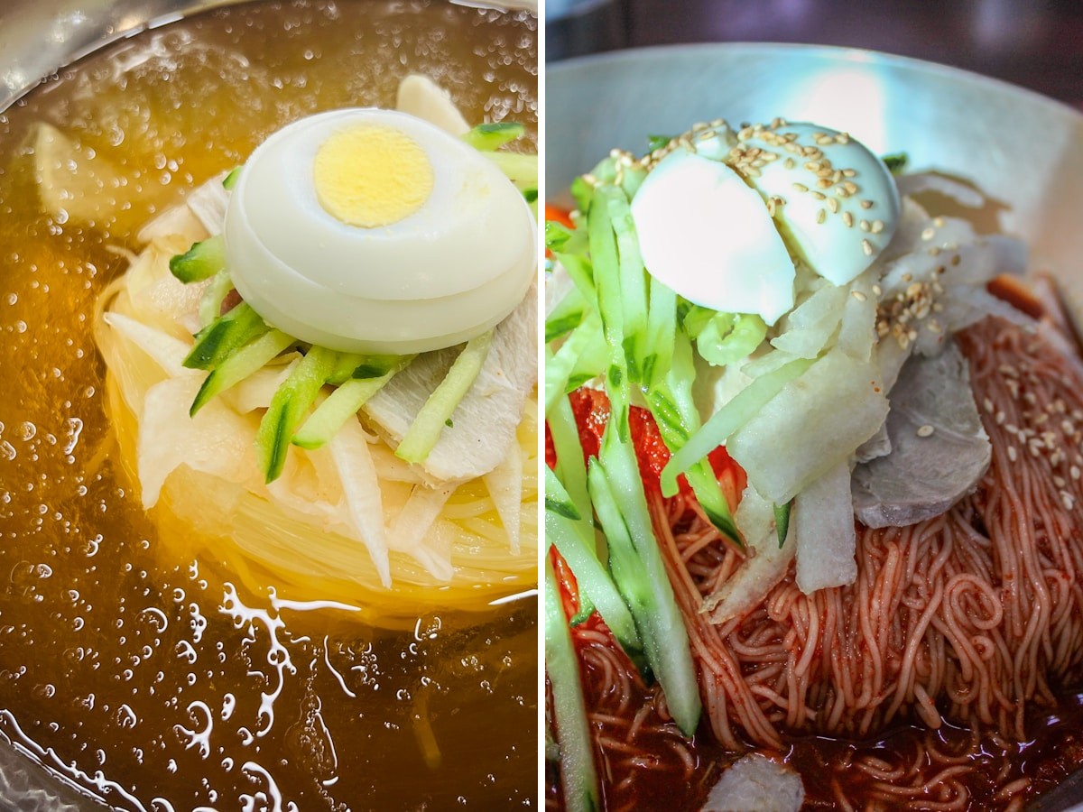 Side-by-side comparison: pale, clear-broth Pyongyang-style mul-naengmyeon with ice and cucumber on the left, spicy red Hamhung-style bibim-naengmyeon with cucumber, egg, and sesame on the right