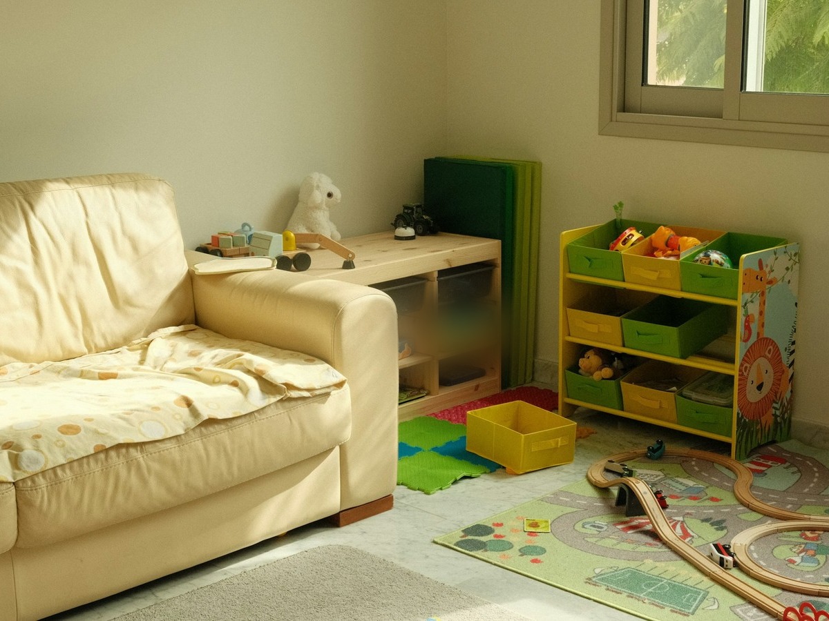 A sunlit playroom corner with a cream sofa and a wooden toy shelf; green interlocking foam floor mats stand stacked against the wall, with a couple of tiles already fitted together on the floor nearby